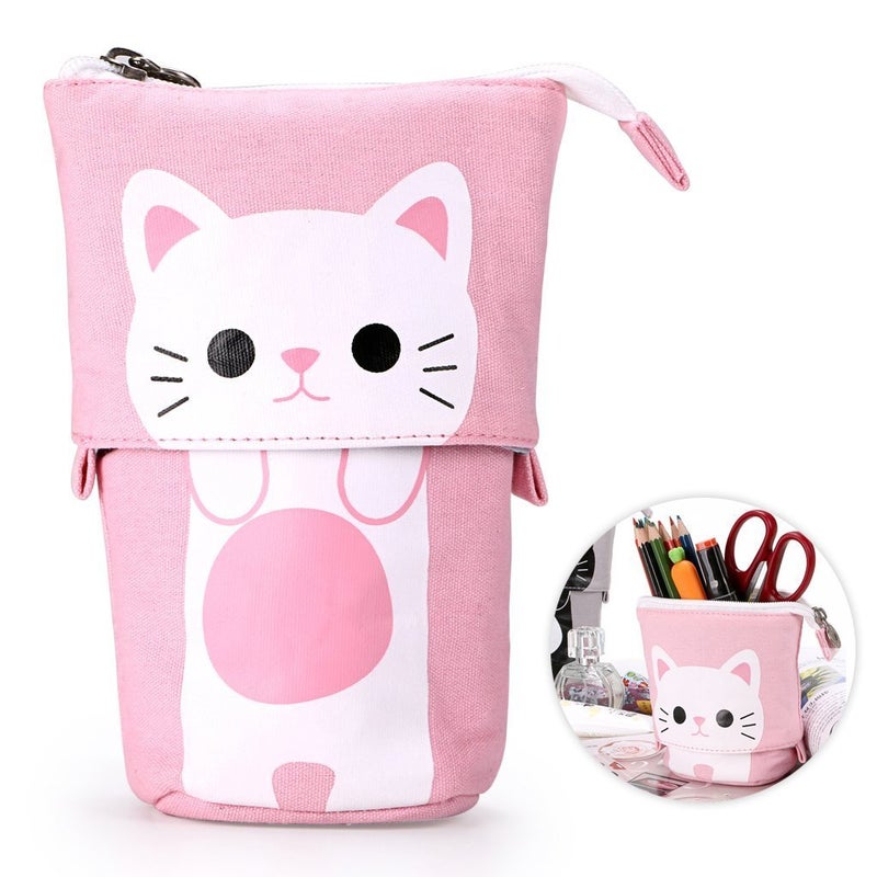 Ytuomzi Telescopic Pencil Pouch Standing Pen Holder Cute Pencil Bags Stand Up Pen Case Cartoon Pencil/Pens Storage Box Canvas+PU Stationery Organizer Makeup Bag with Zipper Closure (Pink) - Image 1